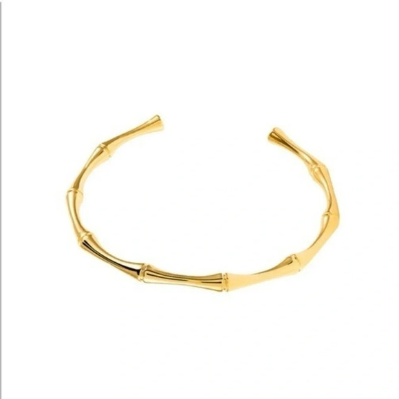 Gold Tone Bamboo Bangle Bracelet Open Cuff Minimalist Statement Jewelry - Picture 2 of 4